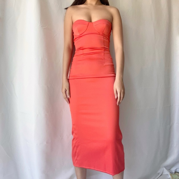Meshki Strapless Midi Dress in Coral - Picture 2 of 5